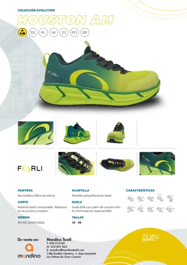 Zapatilla de Seguridad Forli Houston S1 PL HI CI FO SR ESD en color verde y amarillo