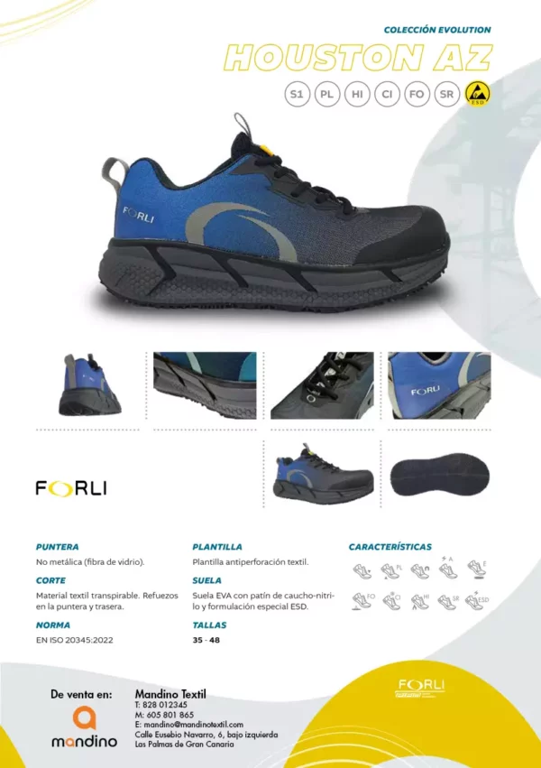 Zapatilla de Seguridad Forli Houston S1 PL HI CI FO SR ESD en color azul y negro