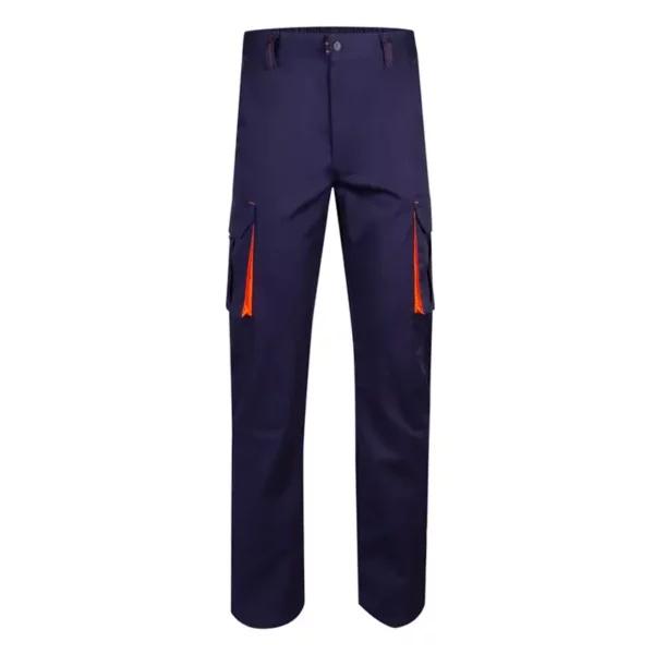 pantalón stretch bicolor modelo 103008S, azul marino y naranja flúor