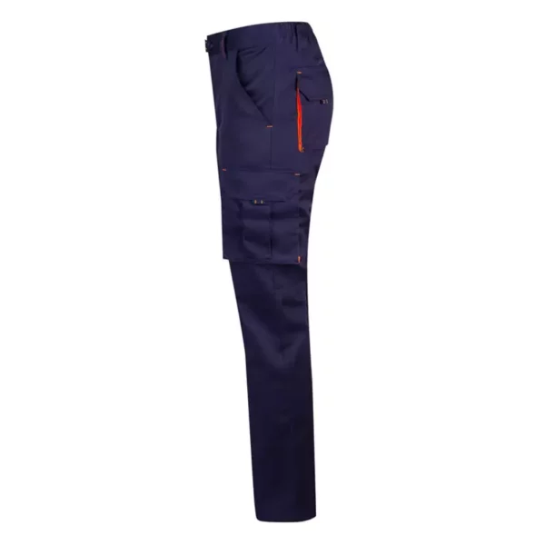 pantalón stretch bicolor modelo 103008S, azul marino y naranja flúor