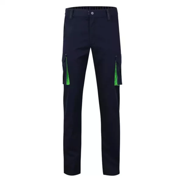 Pantalón stretch bicolor Velilla 103024S en color azul navy con detalles verde lima