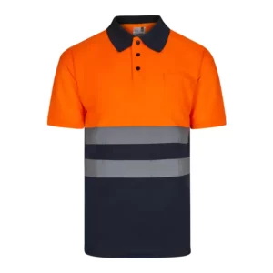 Polo de alta visibilidad bicolor modelo 305504 de manga corta, azul marino y naranja flúor