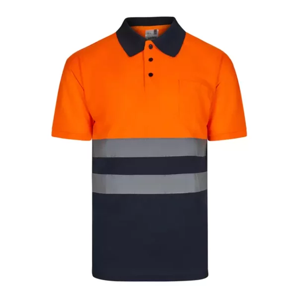 Polo de alta visibilidad bicolor modelo 305504 de manga corta, azul marino y naranja flúor