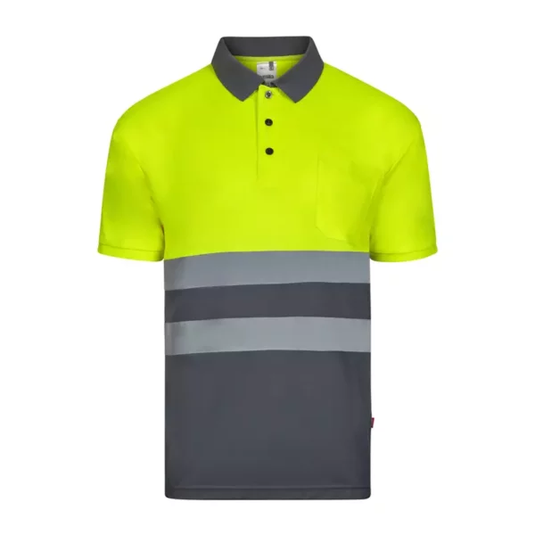 Polo de alta visibilidad bicolor modelo 305504 de manga corta, gris y amarillo flúor