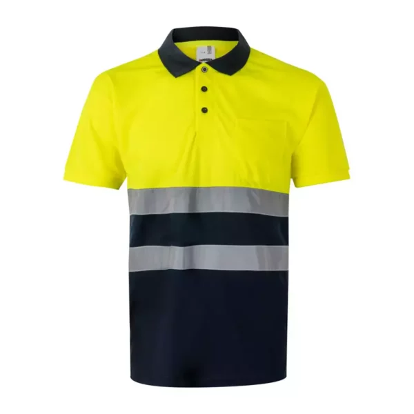 Polo de alta visibilidad bicolor modelo 305504 de manga corta, azul marino y amarillo flúor