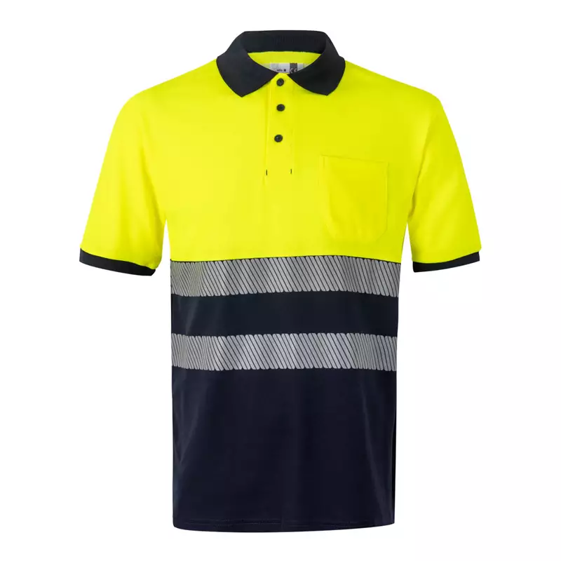 polo de alta visibilidad bicolor modelo 305523 en azul navy y amarillo flúor