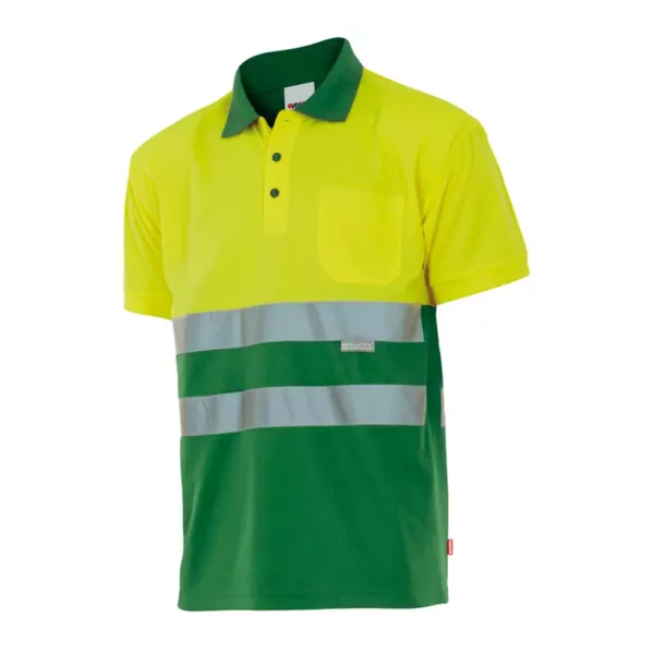 polo de alta visibilidad bicolor modelo 173, verde hierba y amarillo flúor