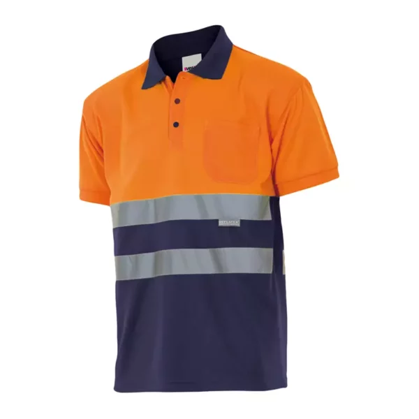 polo de alta visibilidad bicolor modelo 173, azul marino y naranja flúor