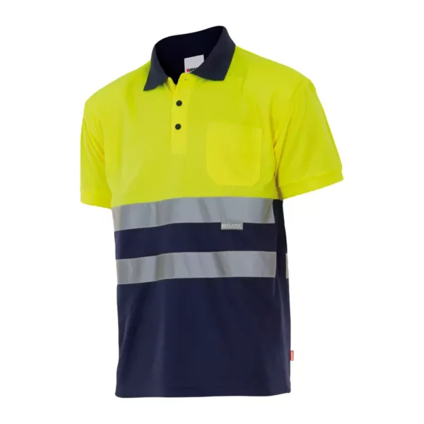 polo de alta visibilidad bicolor modelo 173, azul marino y amarillo flúor