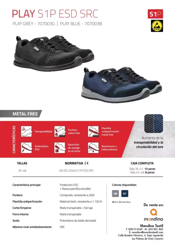 Zapatilla de Seguridad V-PRO Play 707003 S1P ESD SR, en colores azul y gris