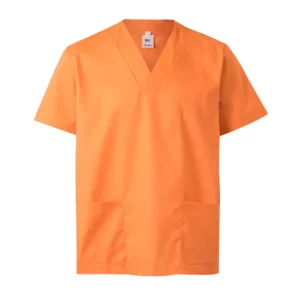 Casaca pijama VELILLA 589 en color naranja, con cuello en pico y tres bolsillos, ideal para el sector sanitario.