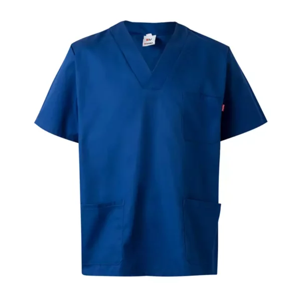 Casaca pijama VELILLA 589, con cuello en pico y tres bolsillos, ideal para el sector sanitario, color azul ultramar