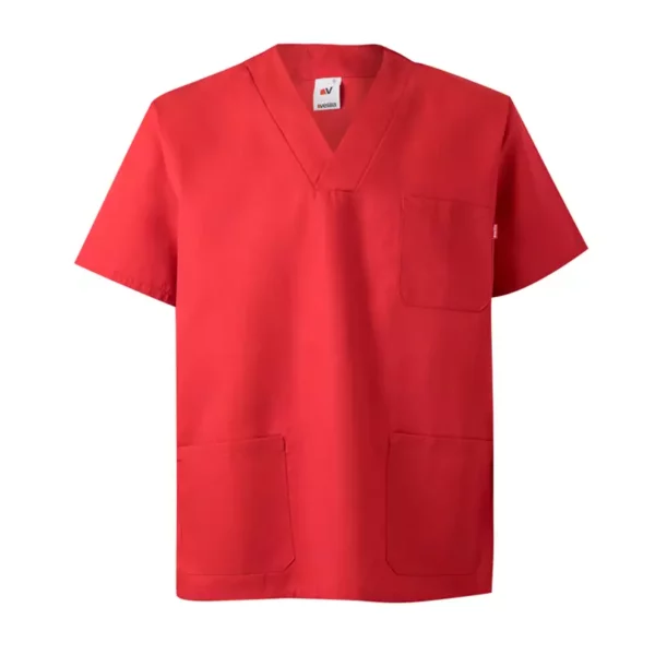 Casaca pijama VELILLA 589, con cuello en pico y tres bolsillos, ideal para el sector sanitario, color rojo coral