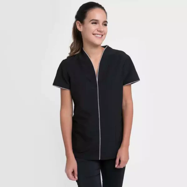 Casaca sanitaria Creyconfe Tech Forli para mujer en color negro con vivo plata