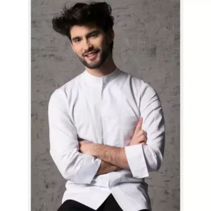 Chaqueta de cocina Creyconfe Montjoi en color blanco, con cuello mao.