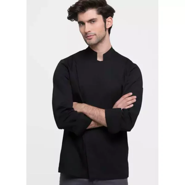 Chaqueta cocina hombre Creyconfe Le Mans en color negro, cruzada con cuello mao.