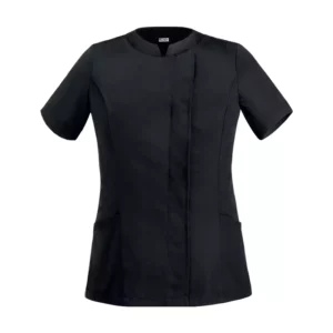 Chaqueta cocina mujer Egochef Alessia Black, de corte entallado y cuello mao.