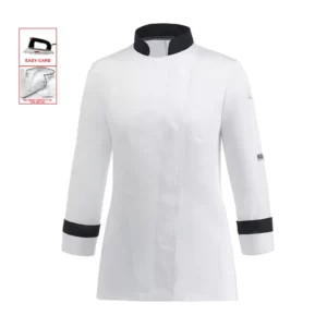 Chaqueta cocina mujer Egochef Chanel, color blanco con detalles negros, manga larga, corte entallado.