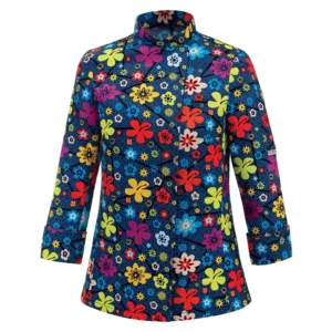 Chaqueta cocina mujer Egochef Cheap Donna, con estampado de flores, manga larga, corte entallado.