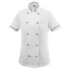 Chaqueta cocina mujer Egochef Dior, color blanco con ribetes negros, manga corta, corte entallado.