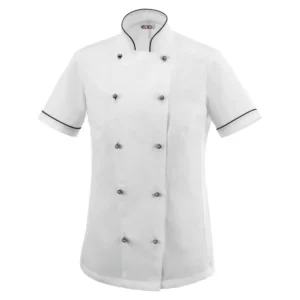 Chaqueta cocina mujer Egochef Dior, color blanco con ribetes negros, manga corta, corte entallado.