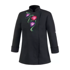 Chaqueta cocina mujer Egochef Flowers negra con detalle de flores bordadas.