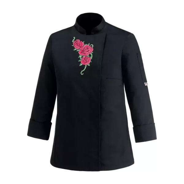 Chaqueta cocina mujer Egochef Flowers negra con detalle de flores bordadas.