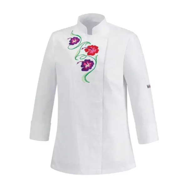 Chaqueta cocina mujer Egochef Flowers blanca con detalle de flores bordadas.