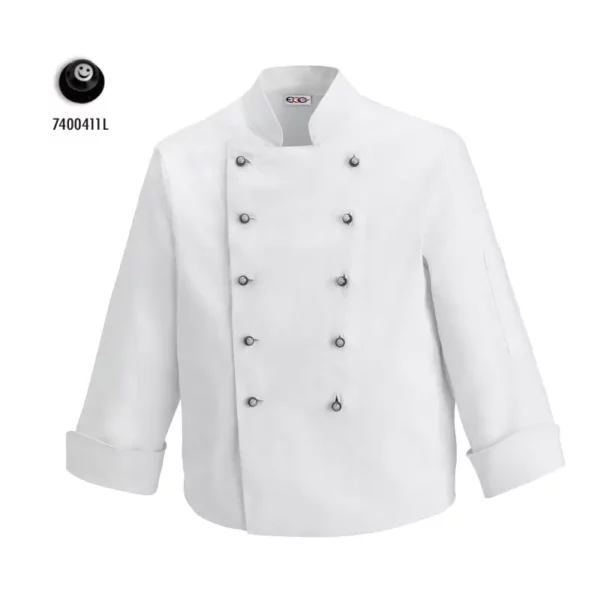 Chaqueta cocinero infantil Egochef Kid, blanca con botones negros y emojis, 100% algodón.