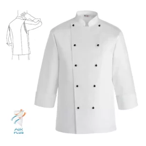 Chaqueta cocina unisex Egochef Air, blanca, manga larga, con corchetes negros.