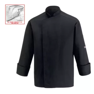 Chaqueta cocina unisex Egochef All, color negro, manga larga, bolsillo en pecho.