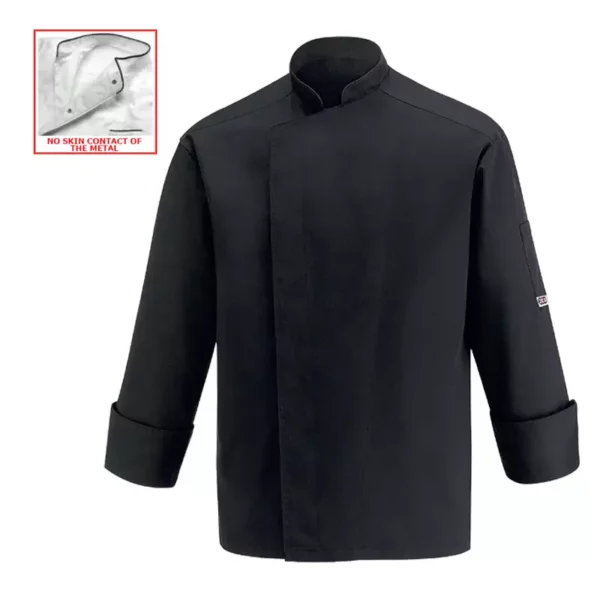 Chaqueta cocina unisex Egochef All, color negro, manga larga, bolsillo en pecho.