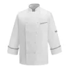 Chaqueta cocina unisex Egochef Andrea Piping White, blanca, manga larga, con ribetes negros.