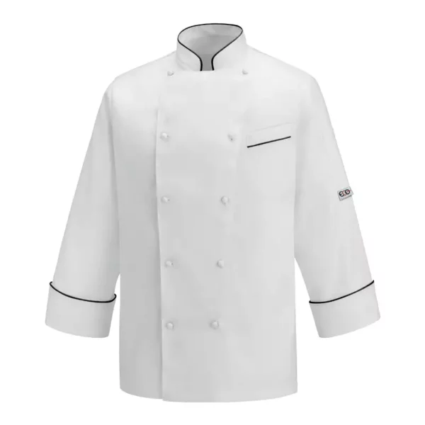 Chaqueta cocina unisex Egochef Andrea Piping White, blanca, manga larga, con ribetes negros.