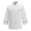 Chaqueta cocina unisex Egochef Andrea Piping White, blanca, manga larga, con ribetes burdeos.