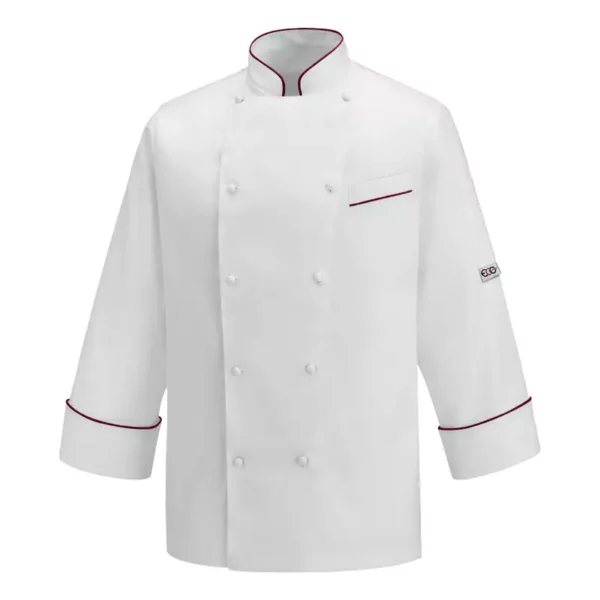 Chaqueta cocina unisex Egochef Andrea Piping White, blanca, manga larga, con ribetes burdeos.