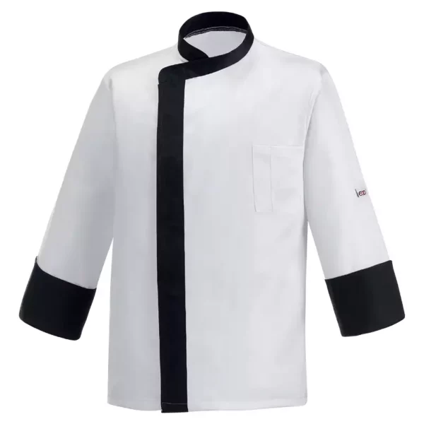 Chaqueta cocina unisex Egochef Band, color blanco con motivos negros, manga larga, corte unisex.