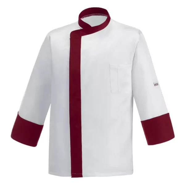 Chaqueta cocina unisex Egochef Band, color blanco con motivos burdeos, manga larga, corte unisex.