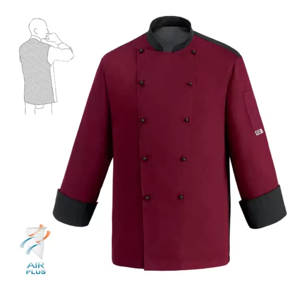 Chaqueta cocina unisex Egochef Color, manga larga, corchetes ocultos, color burdeos.