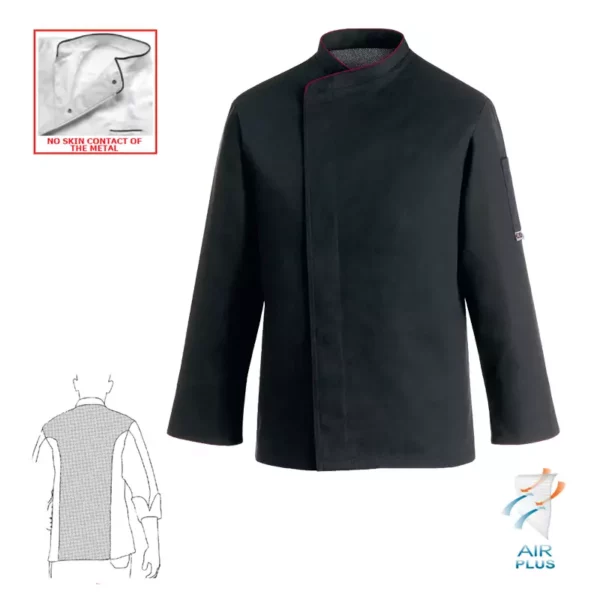 Características e imagen de la chaqueta cocina unisex Egochef Comfort, negra con ribete rojo, manga larga.