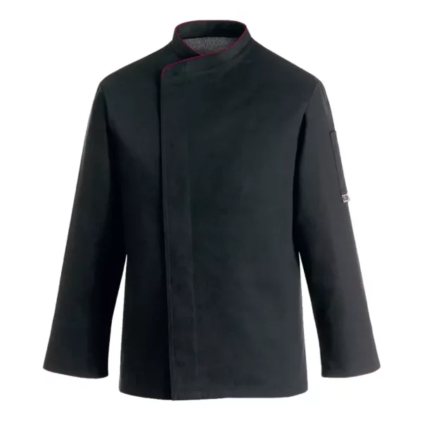 Chaqueta cocina unisex Egochef Comfort, negra con ribete rojo, manga larga.