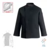 Características e imagen de la chaqueta cocina unisex Egochef Comfort Extra, negra, manga larga, tecnología Air Plus.