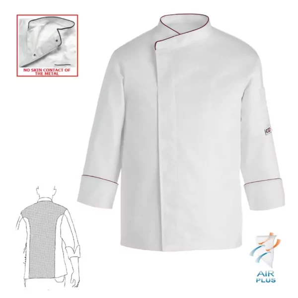 Características e imagen de la chaqueta cocina unisex Egochef Comfort Extra, blanca, manga larga, tecnología Air Plus.