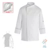 Características e imagen de la chaqueta cocina unisex Egochef Comfort, blanca con ribete rojo, manga larga.