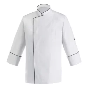 Chaqueta cocina unisex Egochef Exclusive, blanca con ribete negro, manga larga, cuello mao.