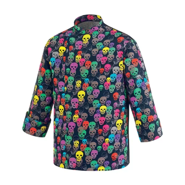 Chaqueta cocina mujer Egochef Fantasy Color Skulls, con estampado colorido de calaveras, manga larga, bolsillo en pecho.