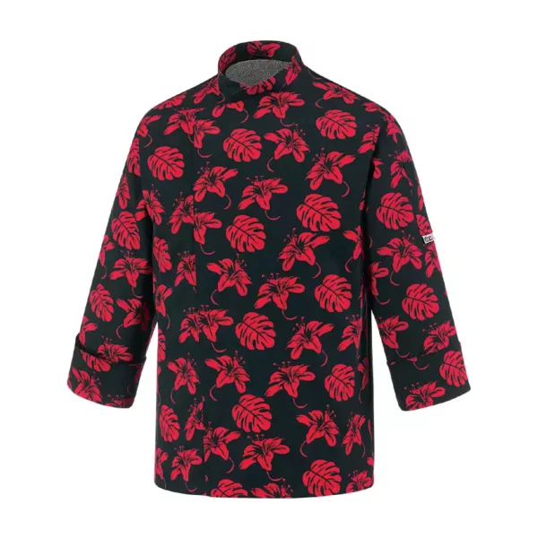 Chaqueta cocina mujer Egochef Fantasy Ibiscus, con estampado de hibiscos rojos sobre fondo negro, manga larga, bolsillo en pecho.