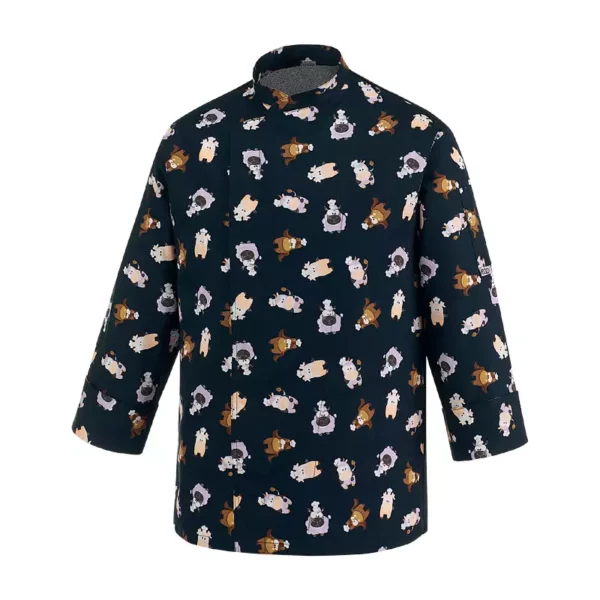 Chaqueta cocina mujer Egochef Fantasy Puppies, con estampado colorido, manga larga, bolsillo en pecho.