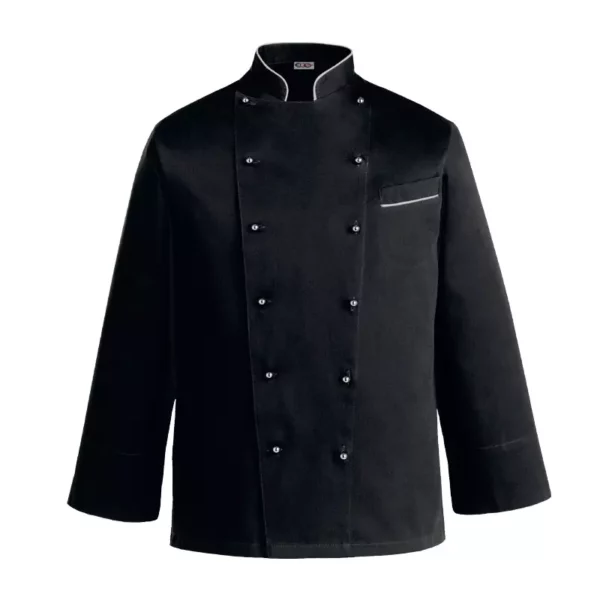 Chaqueta cocina unisex Egochef Fat Boy, negra, manga larga, bolsillo en pecho.