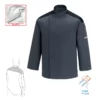 Chaqueta cocina unisex Egochef First, color gris con detalles en negro, manga larga, bolsillo en pecho.